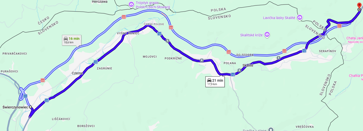 Mapa objazdu zamkniętej autostrady D3 drogą I/12