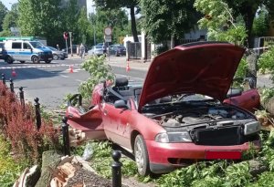 zdjęcie kolorowe widoczny samochód mocno uszkodzony po zdarzeniu obok pocięte drzewo w tle pozostałe samochody oraz radiowóz