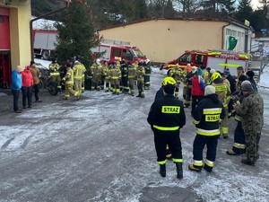 zdjęcie  kolorowe osoby, strażacy i pojazdy