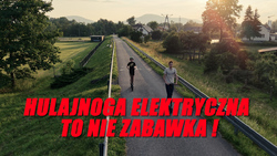 zdjęcie dwóch chłopaków jadących na hulajnogach ,napis Hulajnoga  elektryczna to nie zabawka
