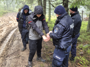 zdjęcie kolorowe, policjanci zatrzymują nielegalnych migrantów