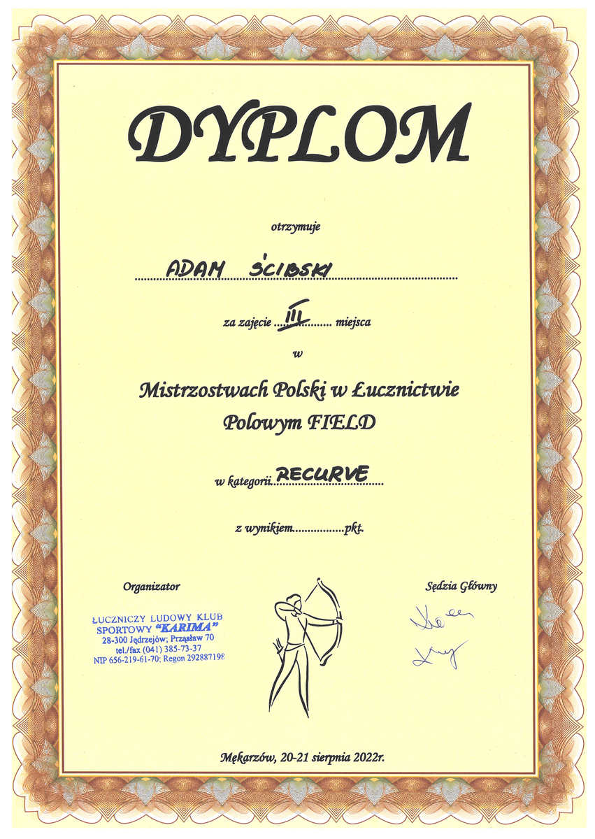 Zdjęcie przedstawia dyplom za zajęcie III miejsca dla sierżanta Adama Ścibskiego w rozgrywanych w dniach od 20 do 21 sierpnia Mistrzostwach Polski w Łucznictwie Polowym FIELD w świętokrzyskim Mękarzowie.