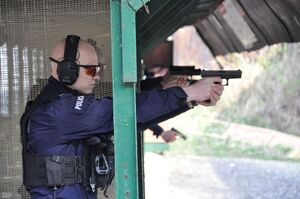 Zawodnicy na osi podczas konkurencji strzelania statycznego. Ujęcie z boku.